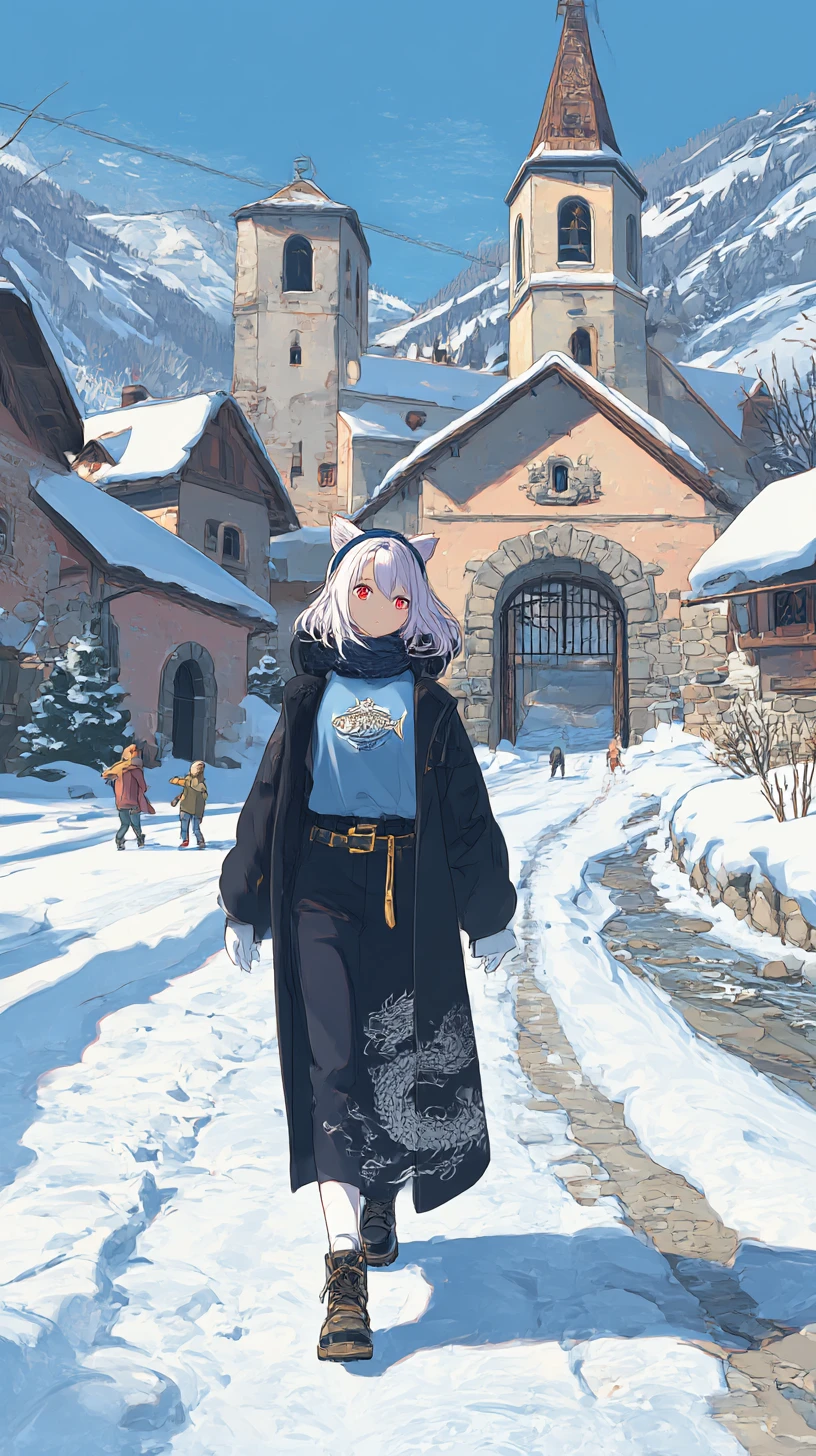 動漫少女走在雪國小村莊，前往宏偉莊園