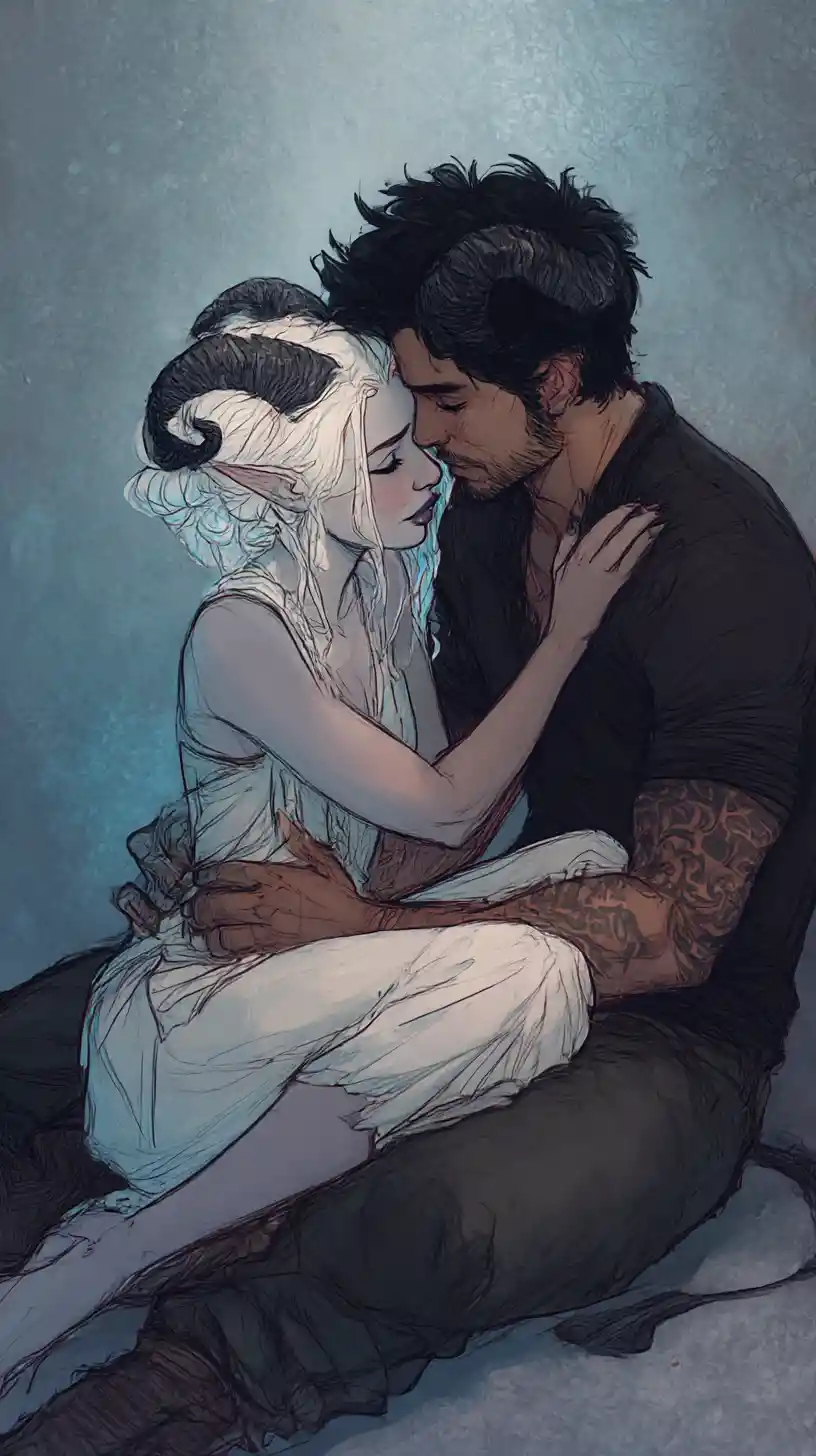 Tiefling woman embracing her lover in intimate fantasy scene
