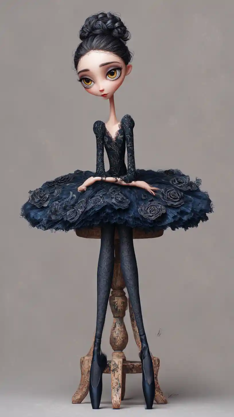 Ballerina malinconica su sgabello di legno consumato in luce soffusa