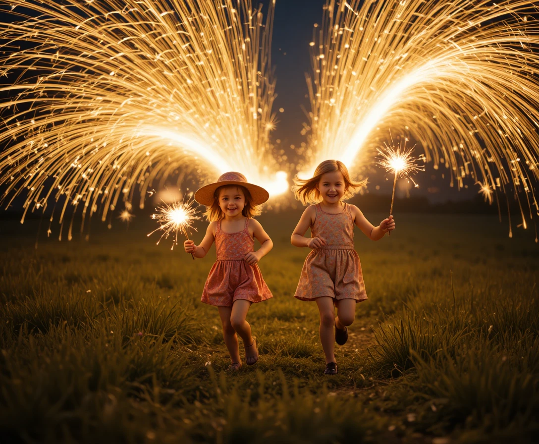 Bambini che corrono con stelline in un campo notturno