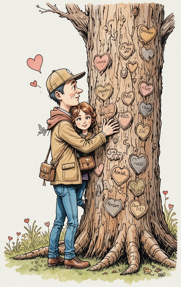 Casal em desenho animado esculpindo corações em uma árvore romântica