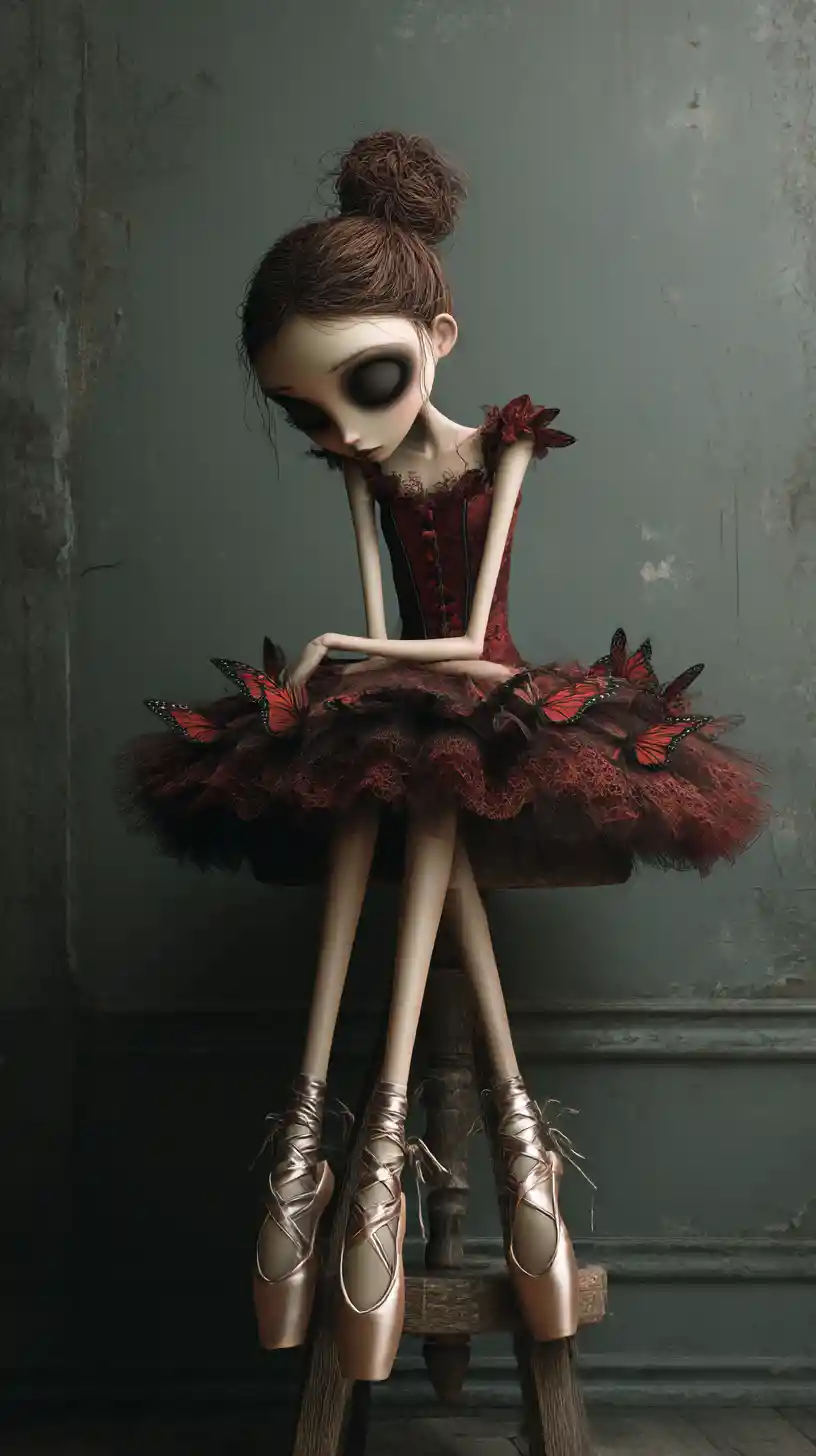 Gothic-Ballerina auf einem abgenutzten Holzschemel im verfallenen Raum