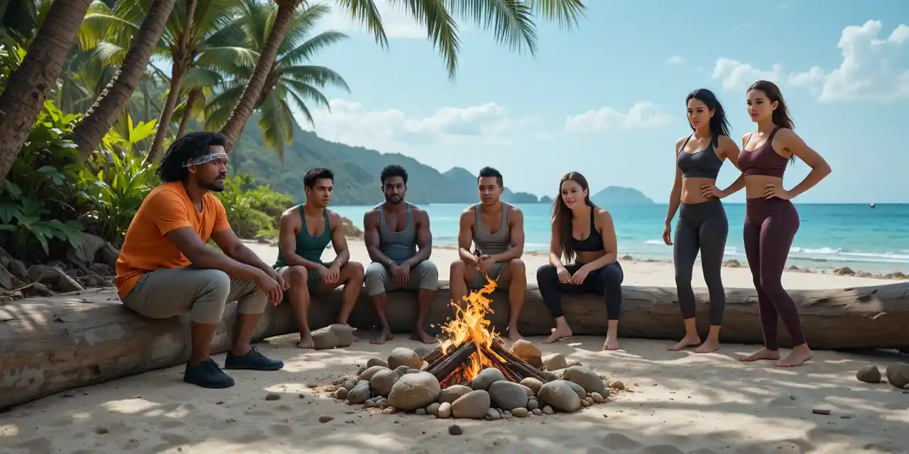 Amici riuniti attorno a un falò su una spiaggia tropicale