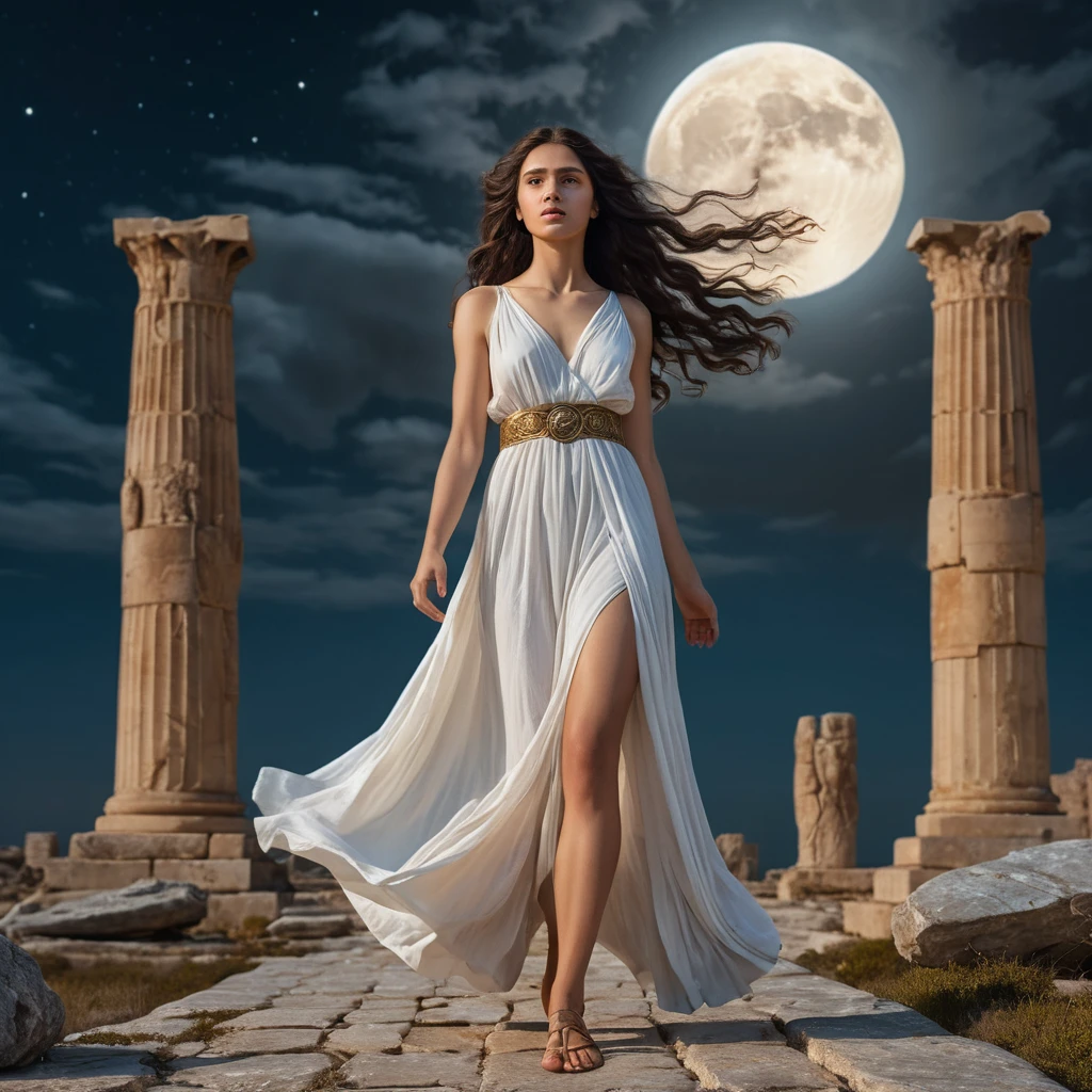 Moonlit goddess standing by ancient crossroads ruins