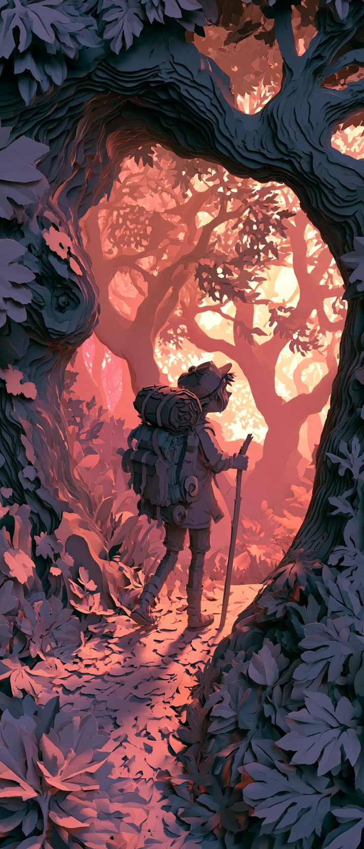 Papercraft-Anime-Mädchen erkundet einen leuchtenden Fantasy-Wald