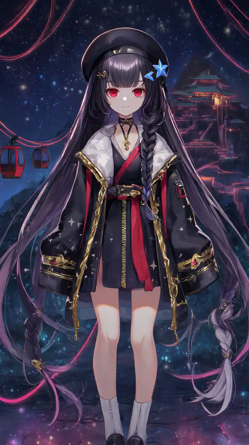 Fille d’anime sinistre aux cheveux noirs et veste bordée d’or