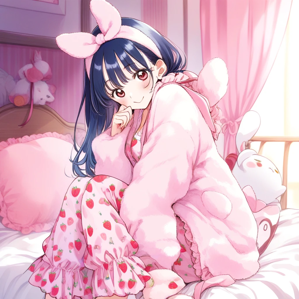 Anime-Mädchen im pastellrosa Pyjama entspannt auf dem Bett