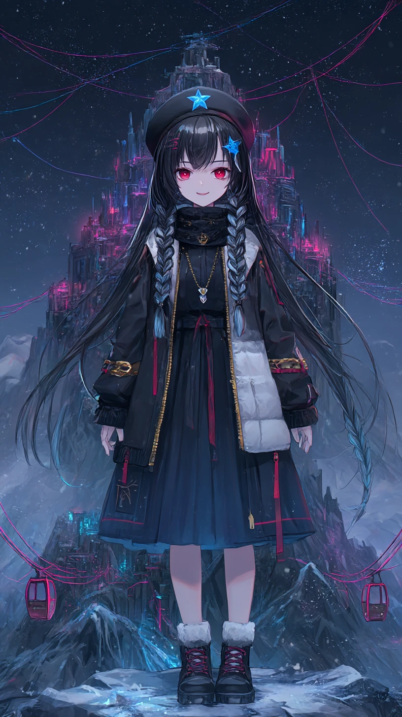 Garota de anime sombria com cordas e cidade neon ao fundo