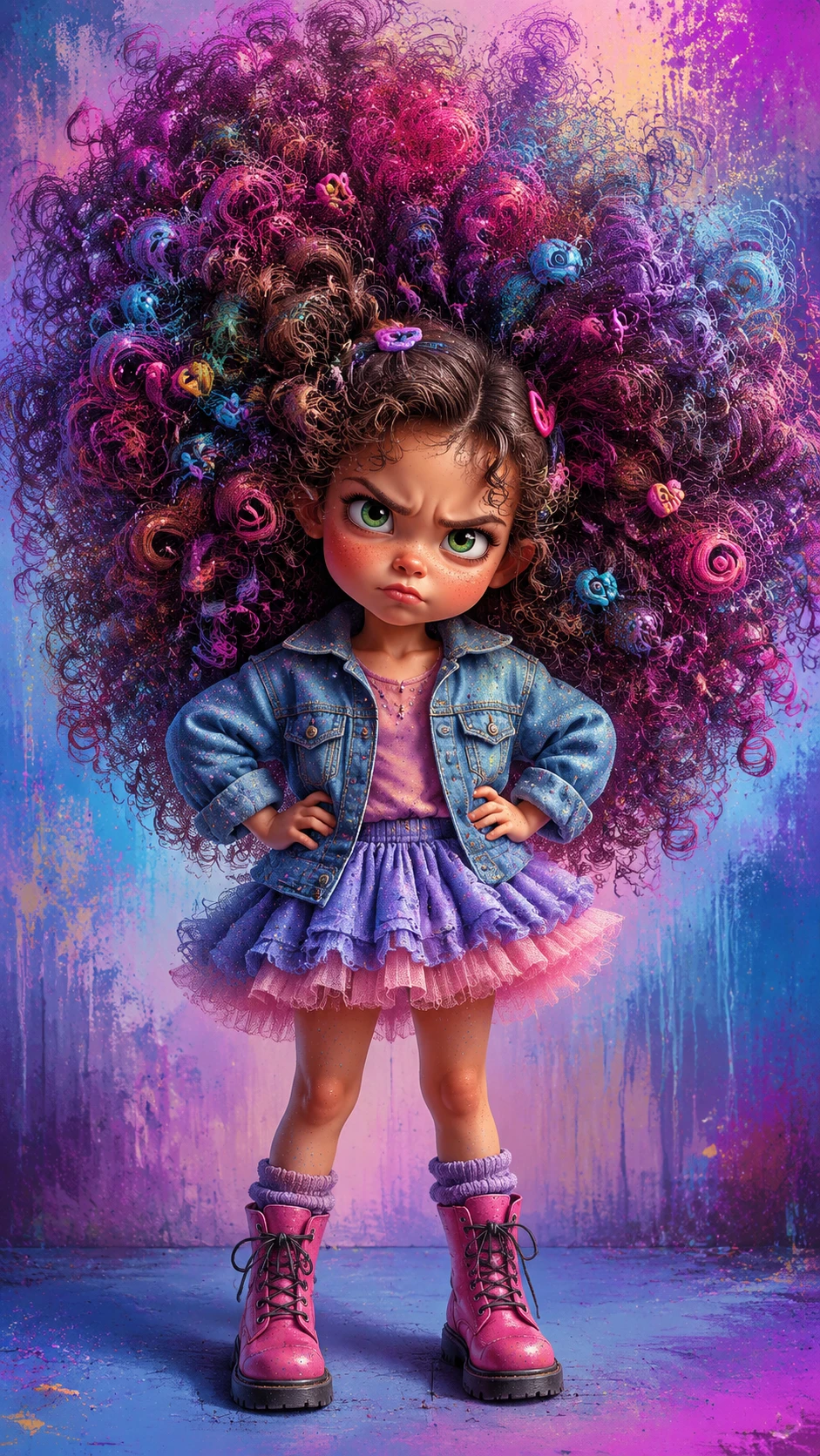 Little girl with huge curly hair and annoyed pout