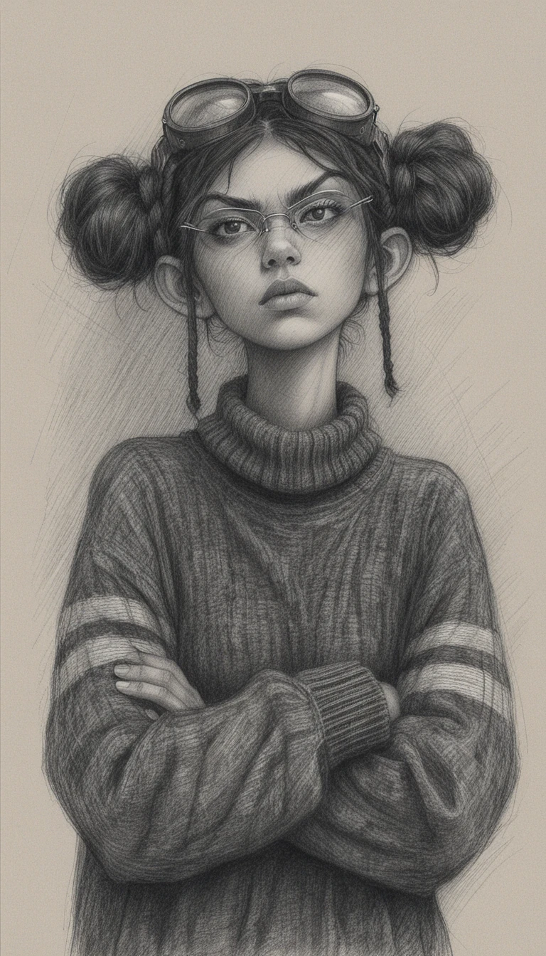 Moody pencil portrait of a rebellious girl with goggles