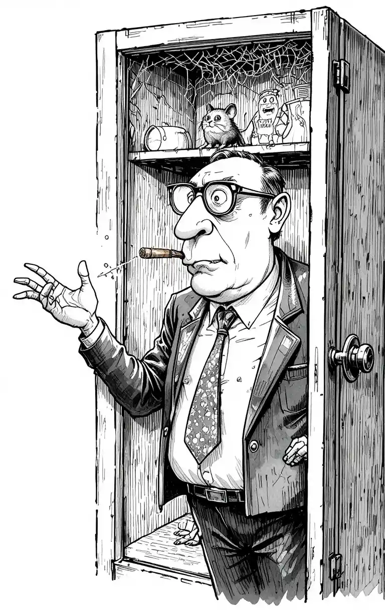 Empresario humorístico en caricatura ante un armario vacío lleno de telarañas
