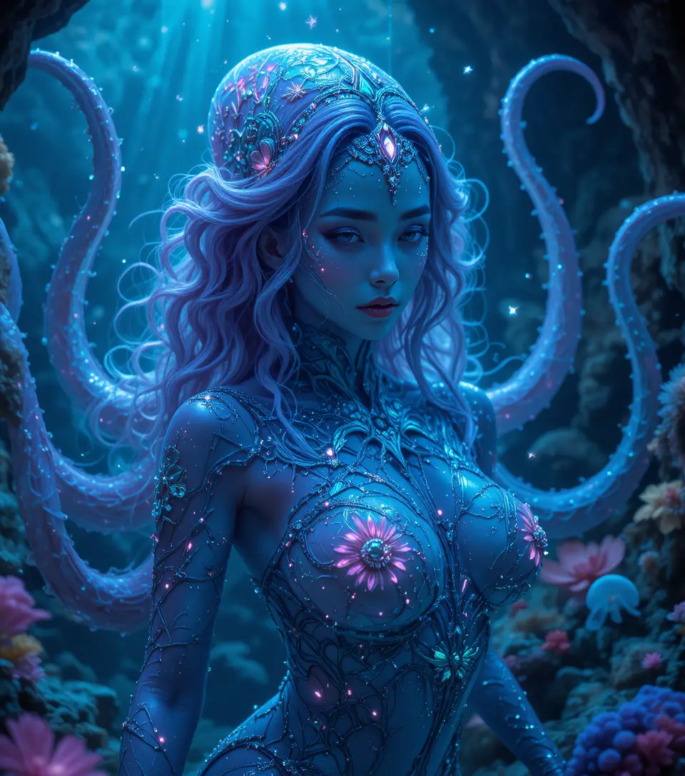 Bioluminescent Squid Woman In Abyssal Ocean Cavern