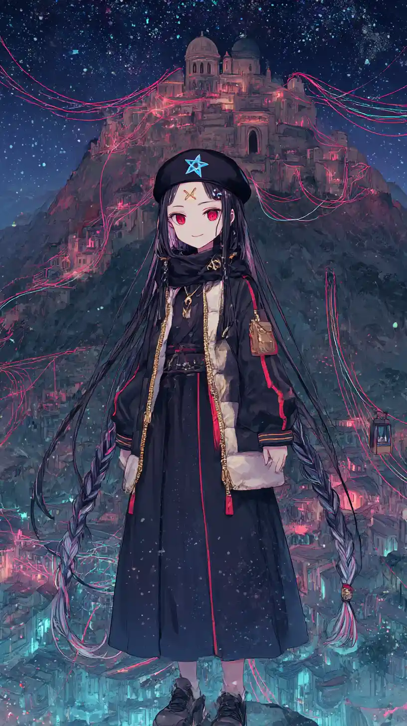 Garota de anime sombria com jaqueta amarrada por cordas e sorriso sinistro