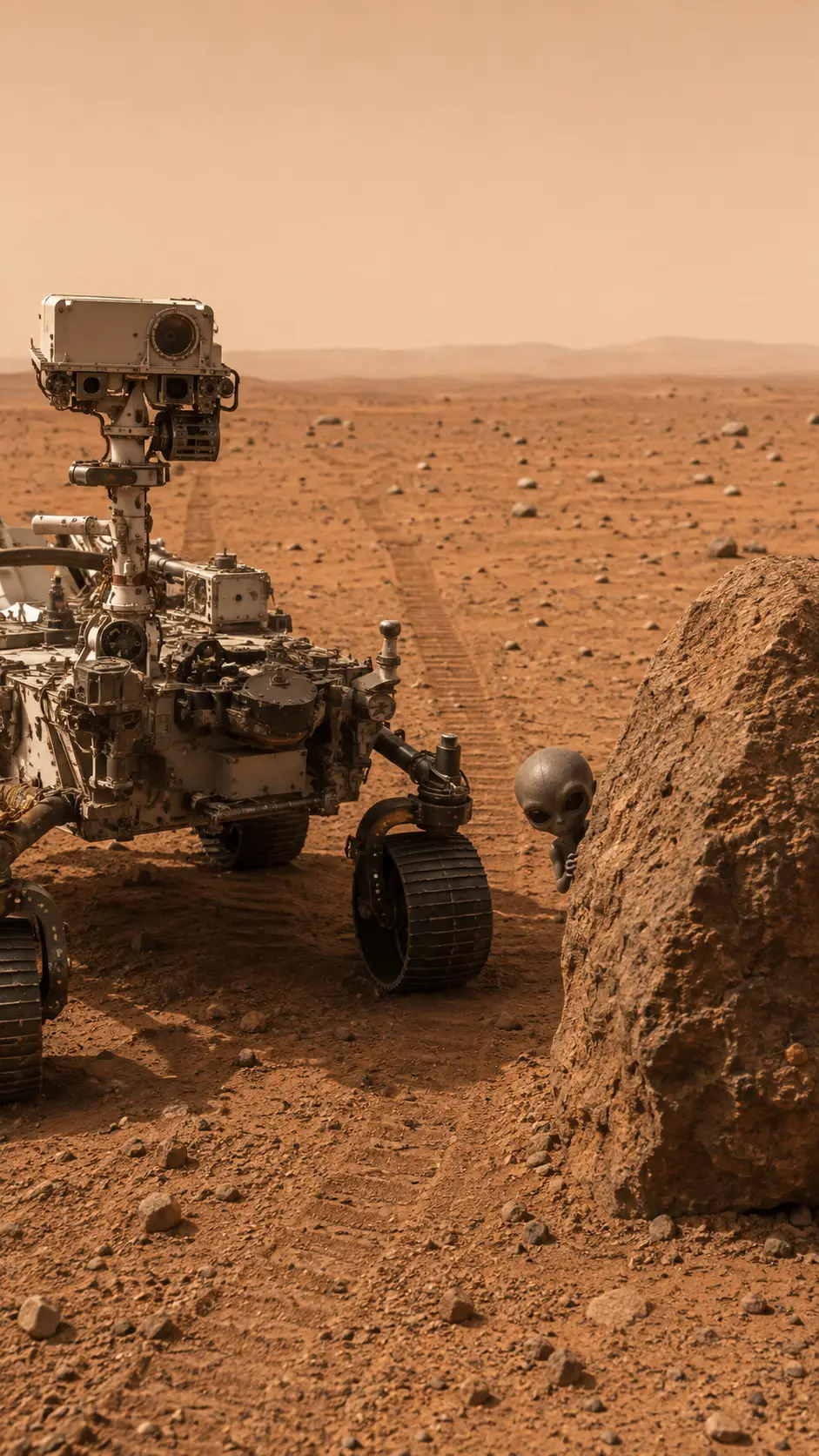 Mars-Rover und schüchterner grauer Alien auf felsigem rotem Terrain