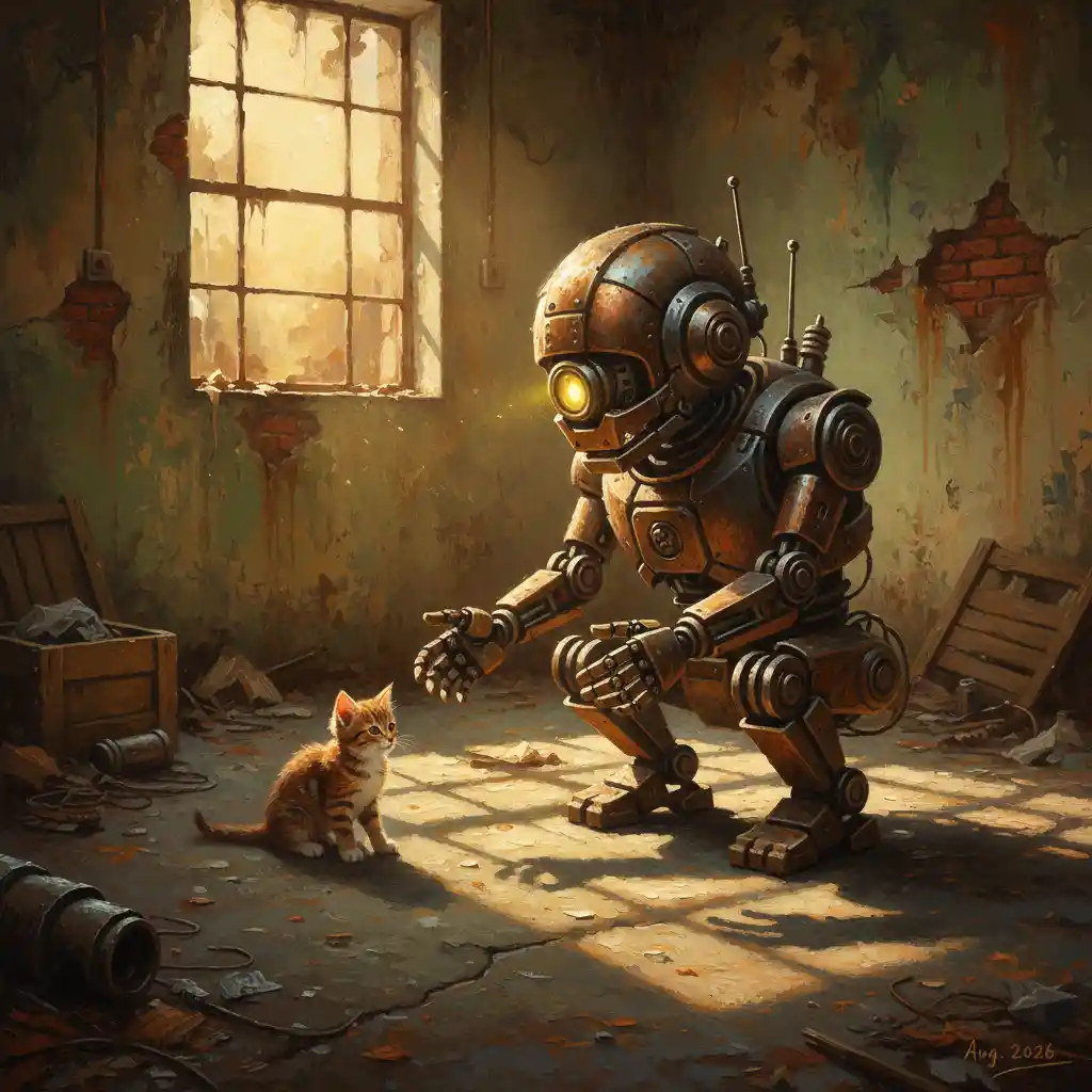 Pequeno robô estendendo a mão para um gatinho curioso à luz do sol