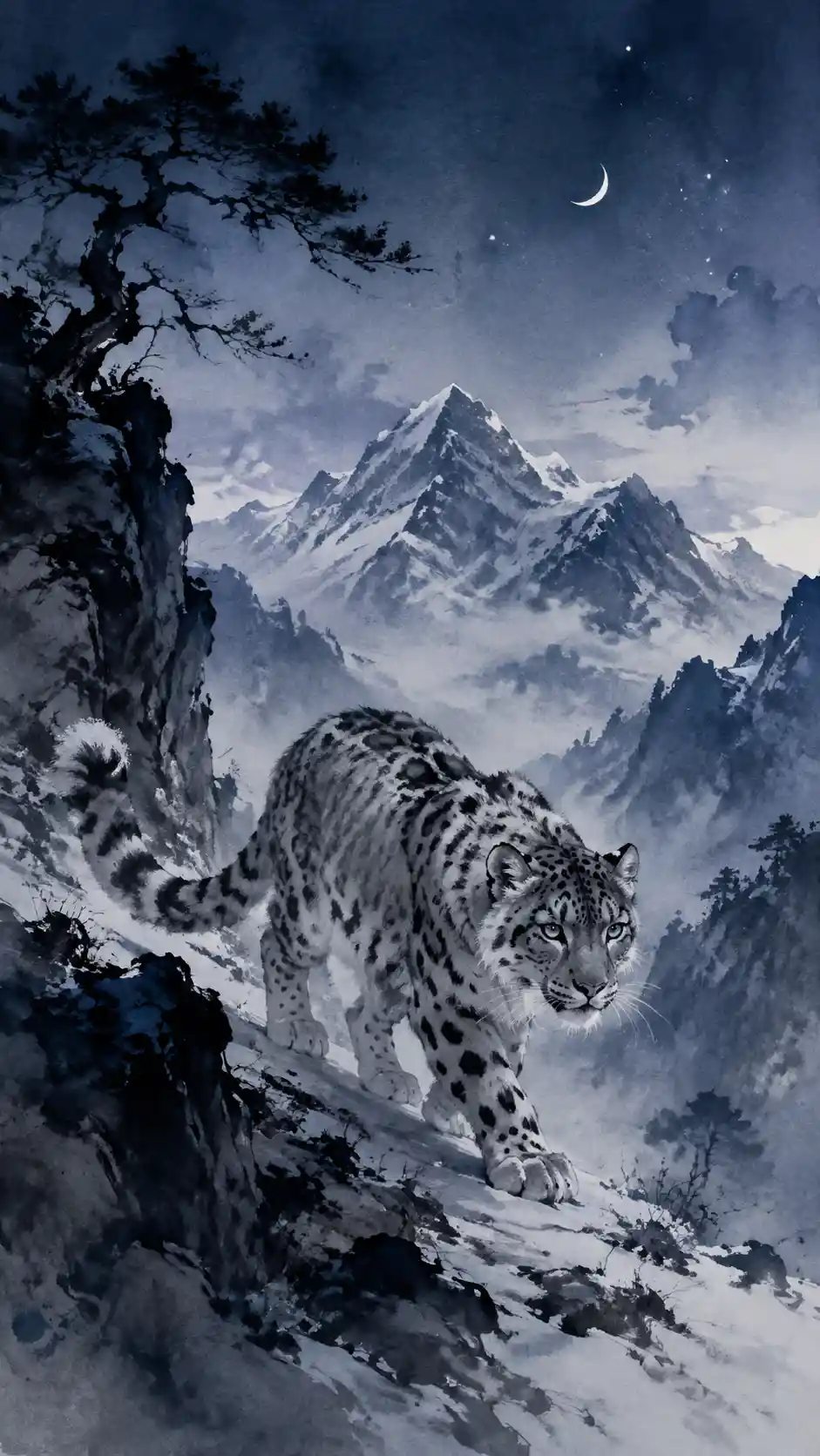 Leopardo delle nevi che attraversa un passo montano nebbioso dell'Himalaya
