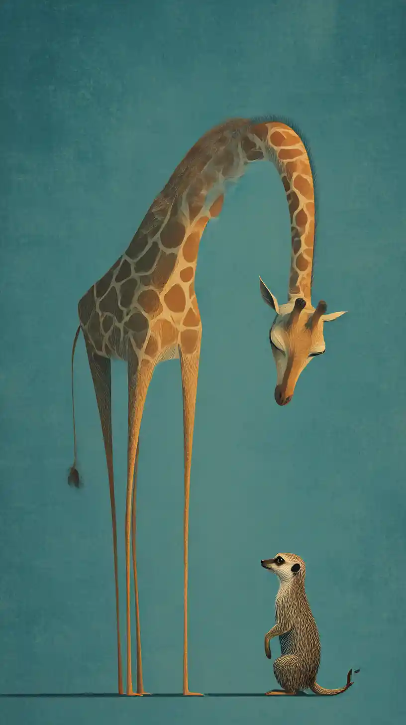 Minimalistische surreale Giraffe trifft neugieriges Erdmännchen
