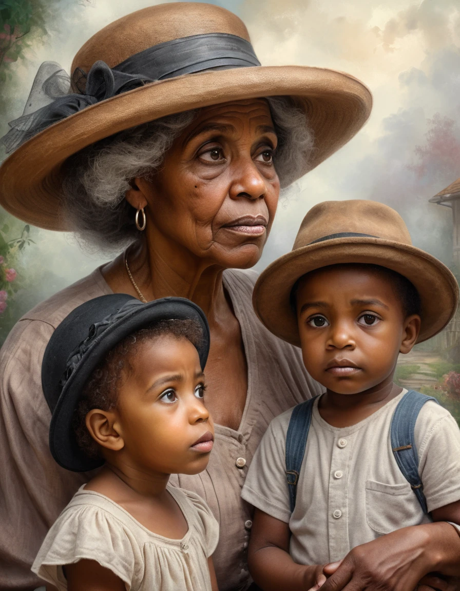 Elderly black woman in contemplative portrait with child