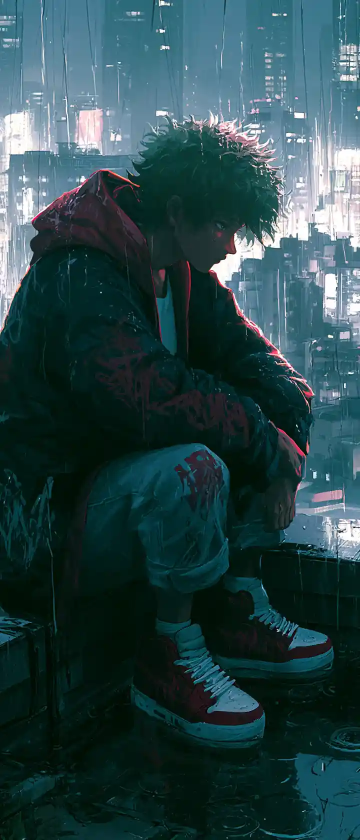 雨の東京の屋上で夜にたたずむアニメストリート系ヒーロー
