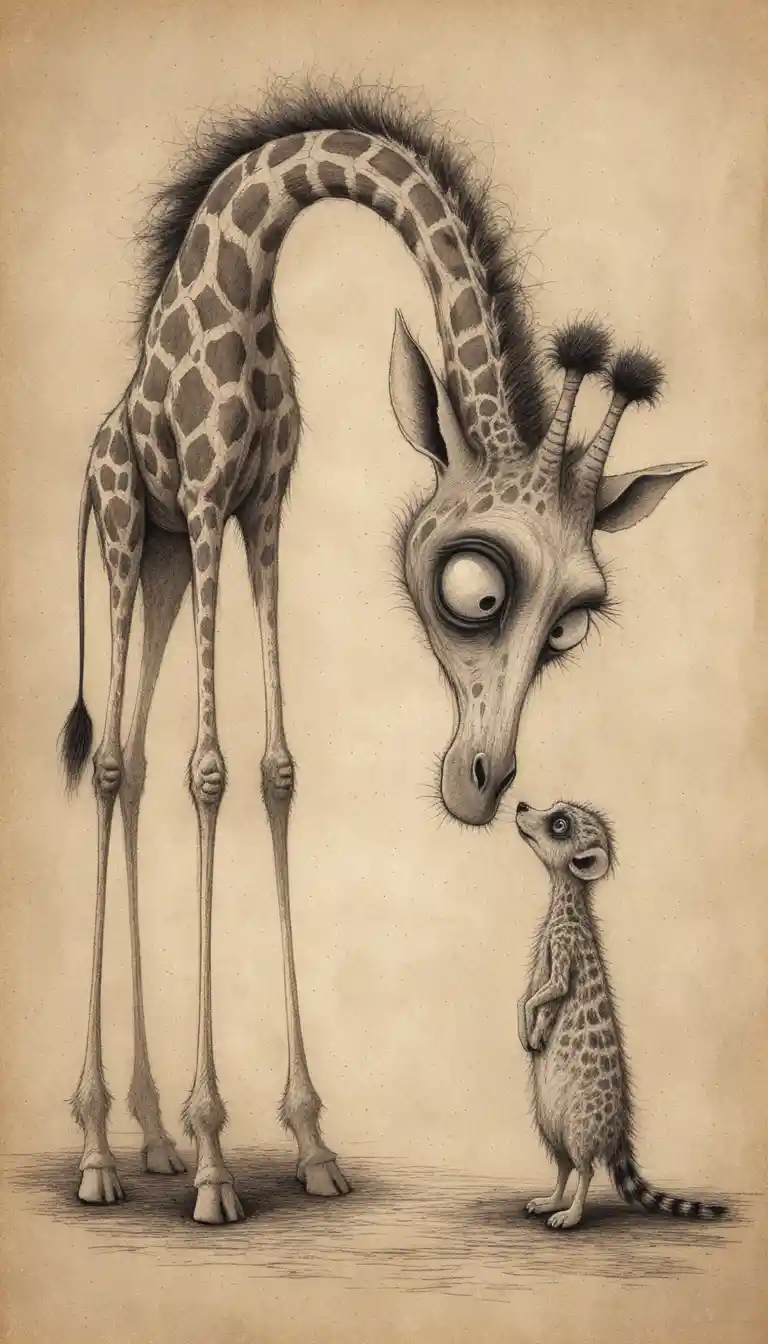 Giraffa e Suricato a Inchiostro Inquietante su Carta Invecchiata