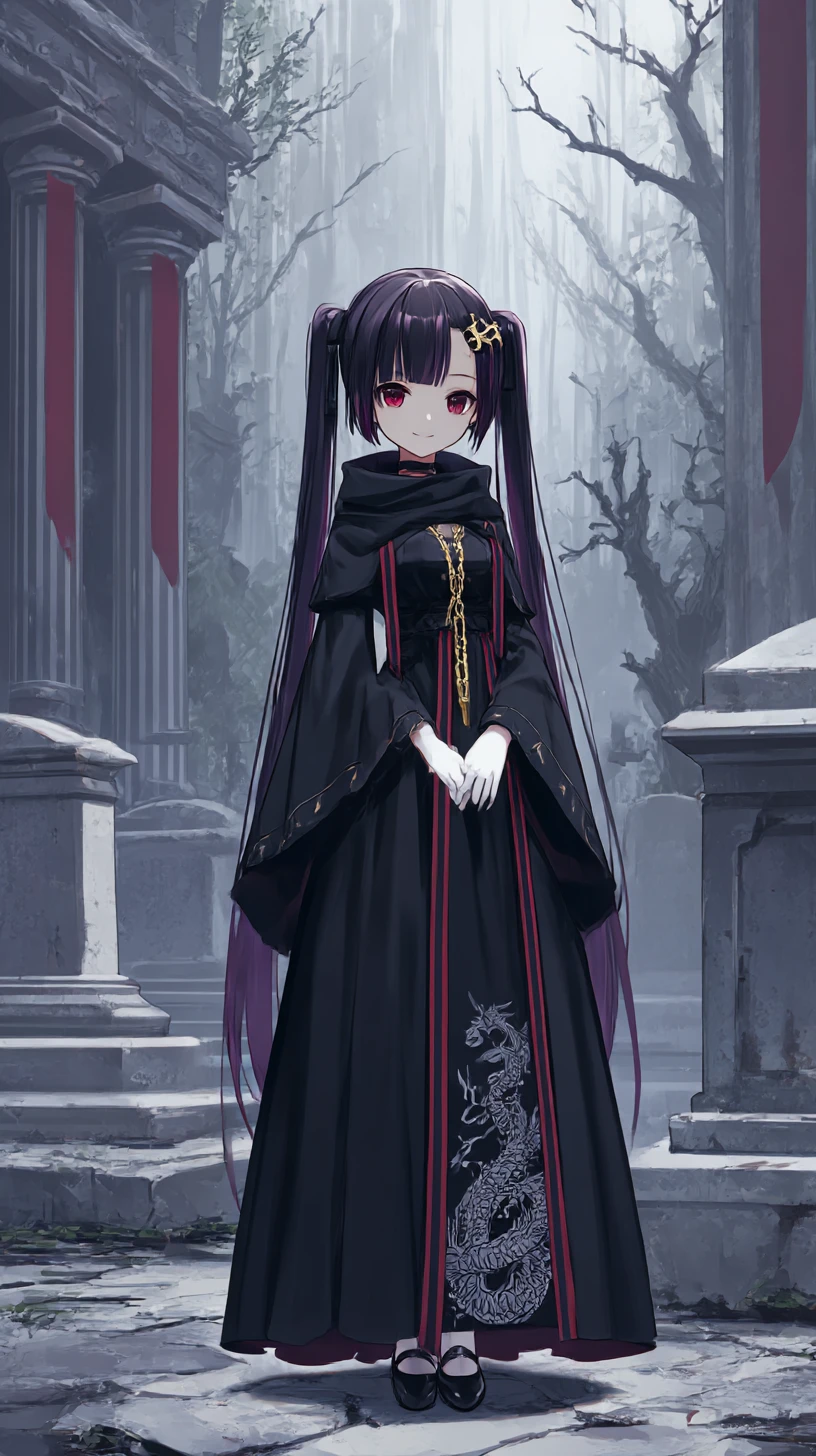 Finsteres Anime-Mädchen in kunstvoller schwarzer Jacke und Rock