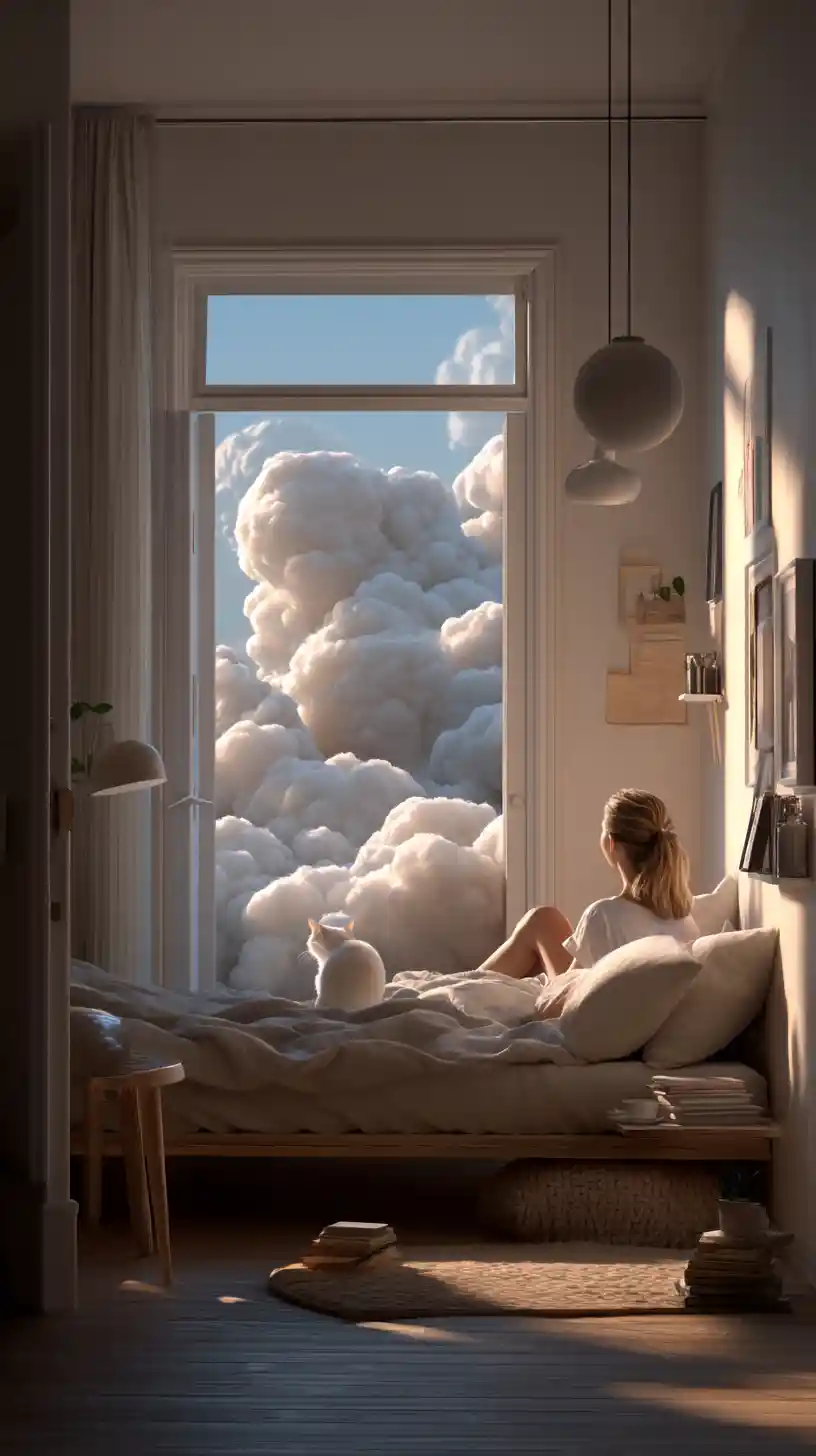 Fillette et chat blanc se réveillant sur un lit de nuages lumineux