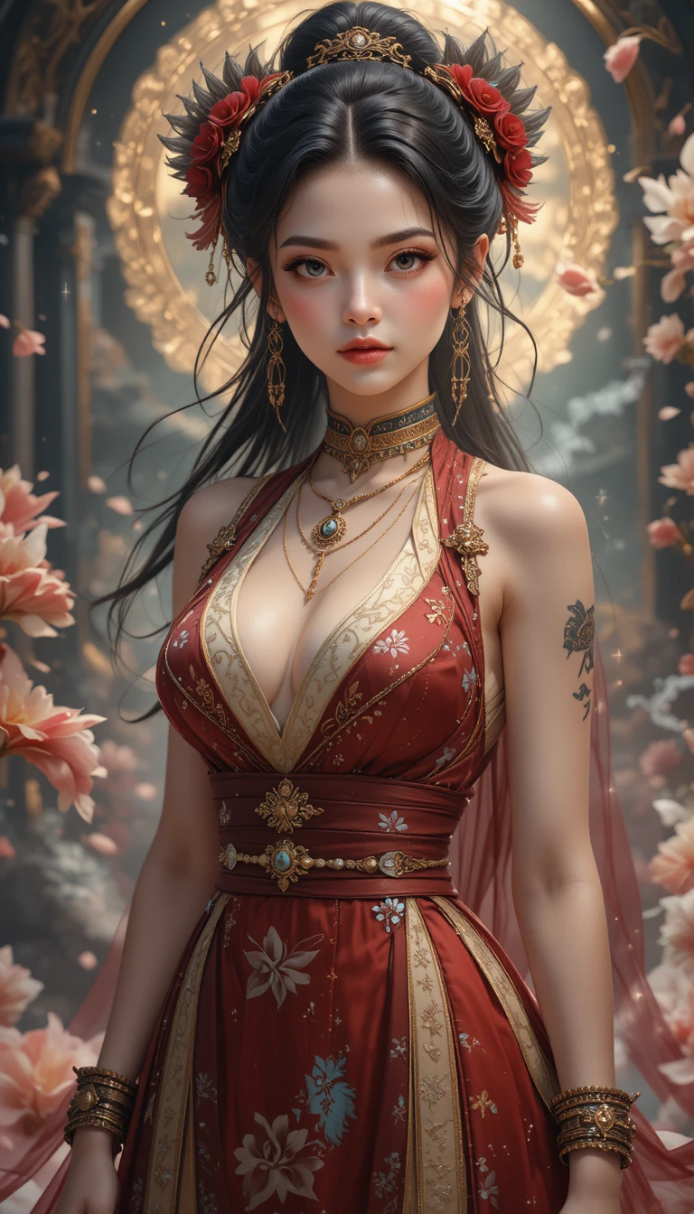Mulher pandawa em anime com traje tradicional vermelho e creme
