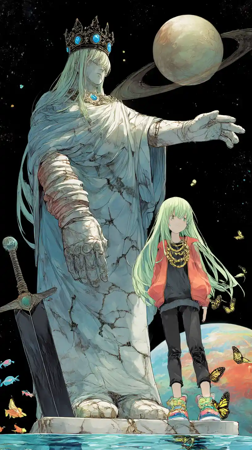 Anime girl beside a colossal marble statue under a vast moon