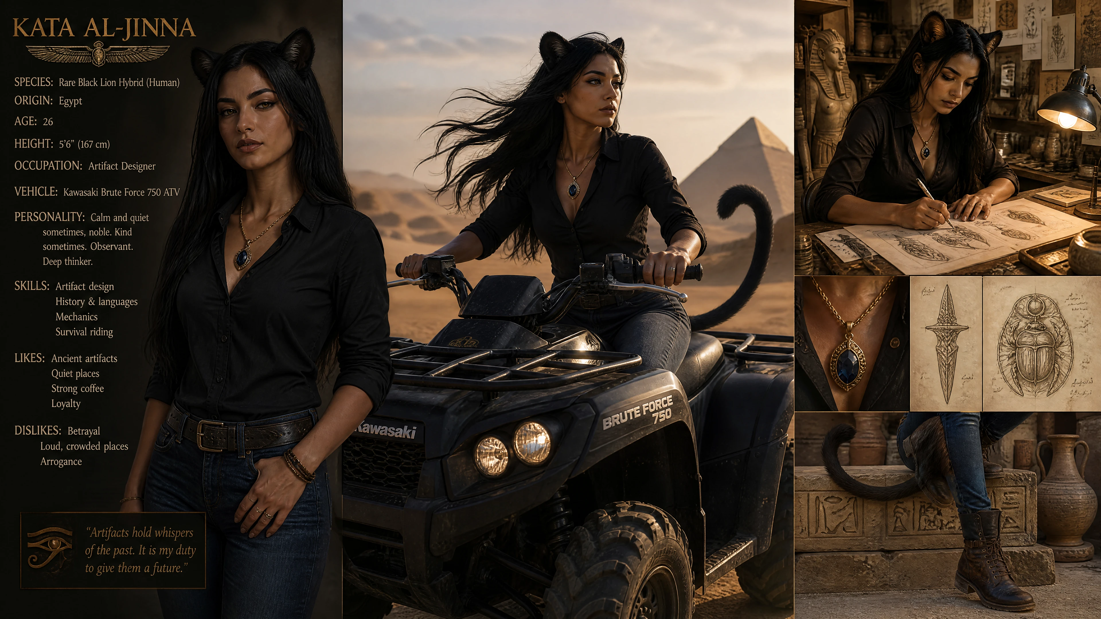 Fantasy woman with black lion ears tail and jewel necklace