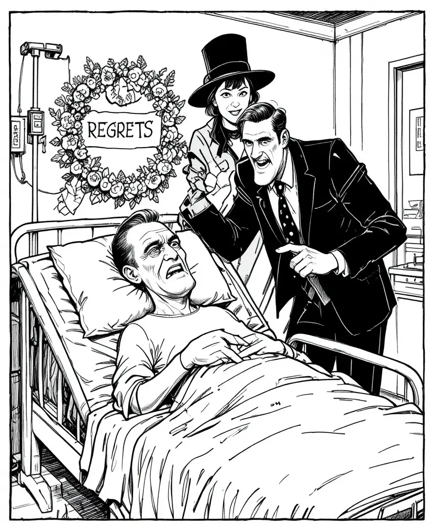 Vignetta satirica in ospedale con paziente malato e visitatori avidi