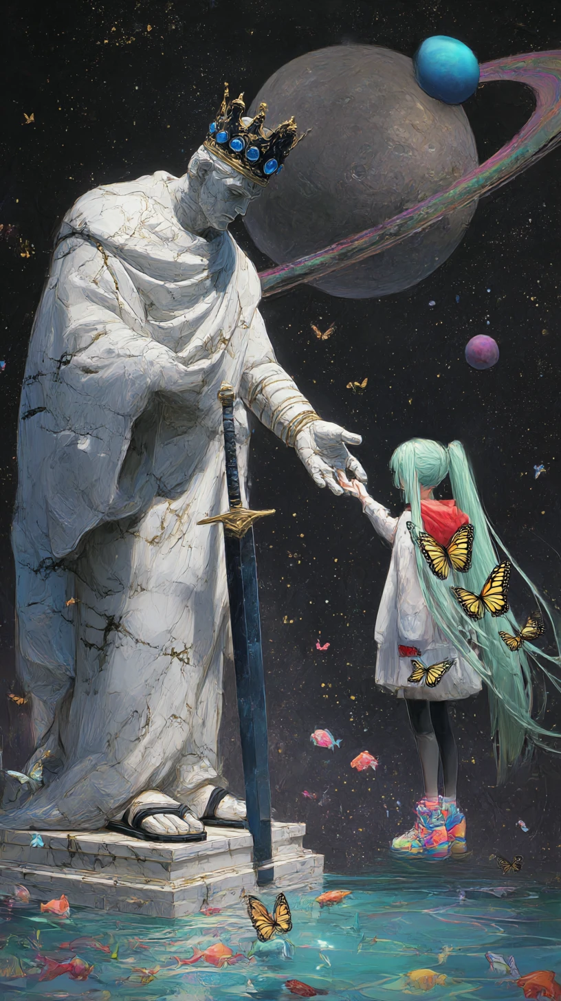 Chica de anime junto a colosal estatua de mármol bajo un cielo estrellado a la luz de la luna