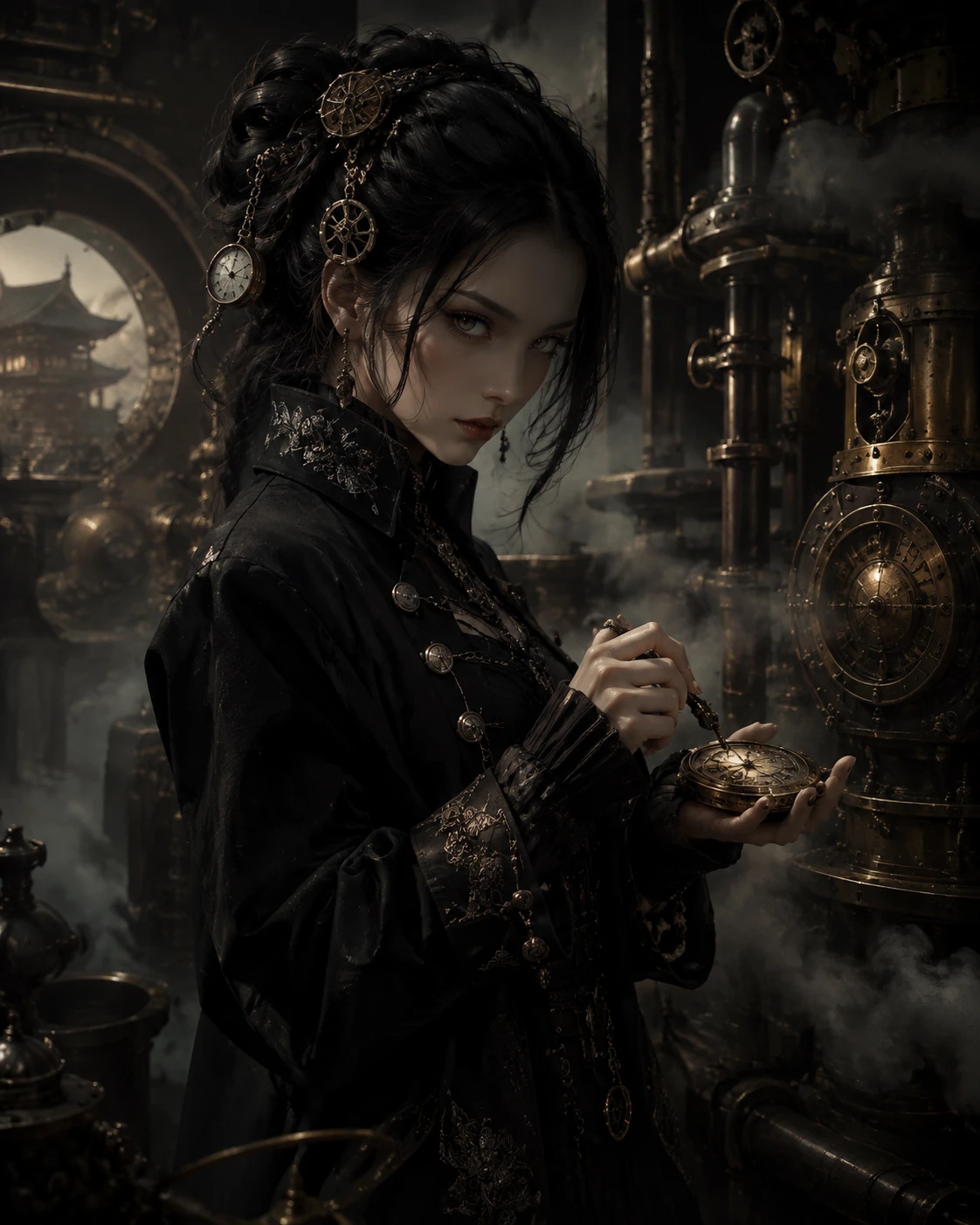 Misteriosa donna in cappotto steampunk con orologio elaborato