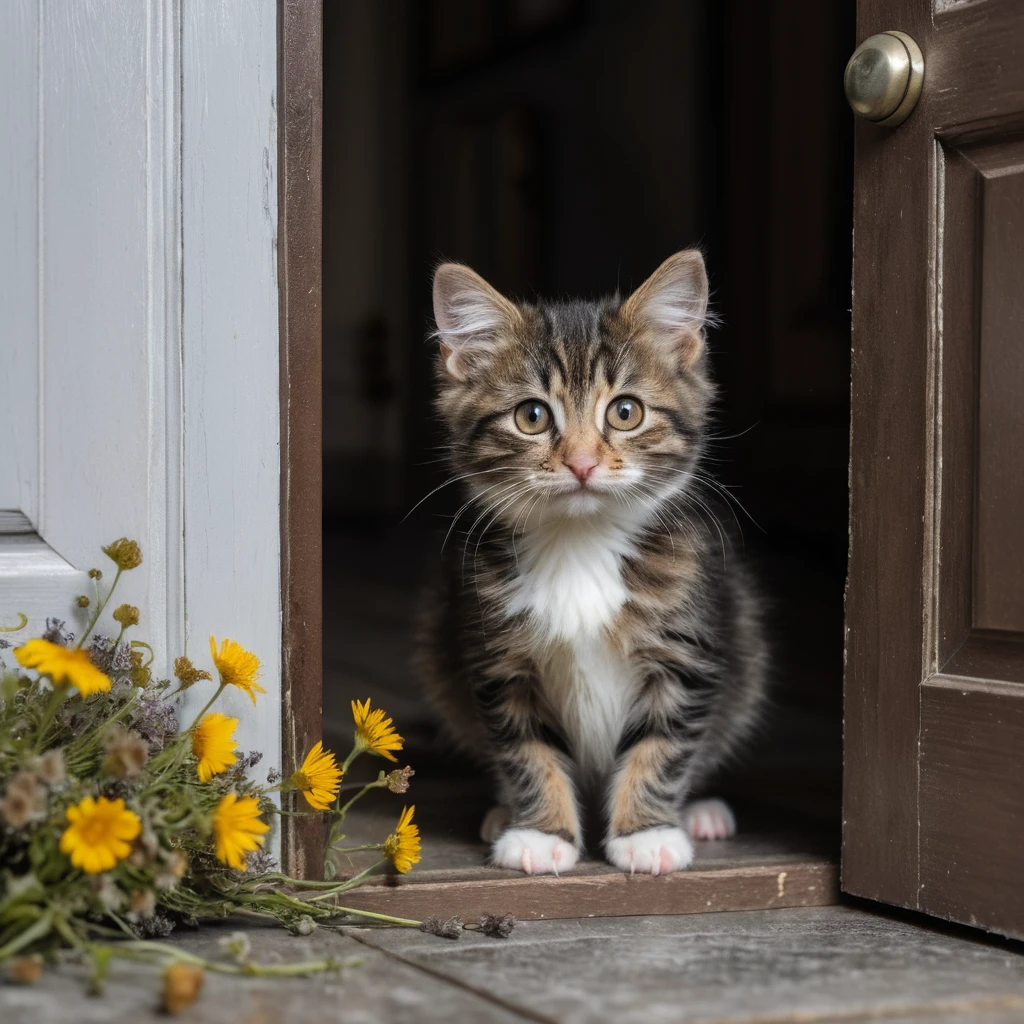 Souris tigrée aux poils bouclés et chaton duveteux dans un jardin brumeux