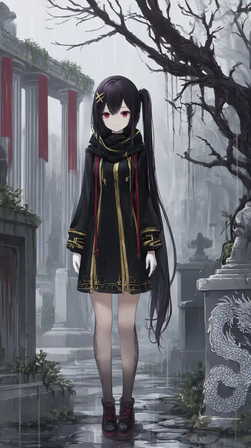 Finstere Anime‑Frau mit Seilen und Sternen im dunklen Outfit