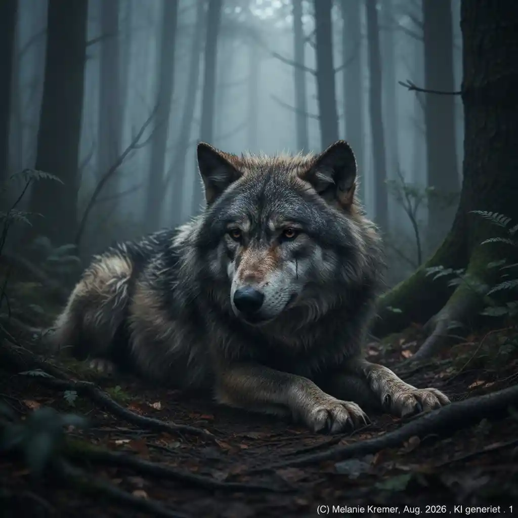 Lobo velho chorando sozinho no chão enevoado da floresta ao luar