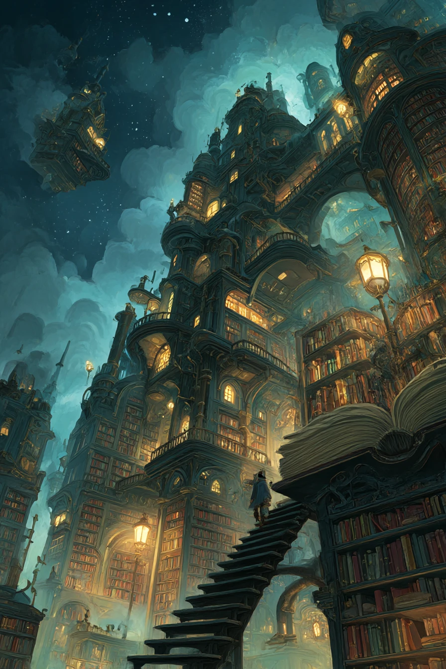 Imponente biblioteca steampunk sob um céu crepuscular em espiral
