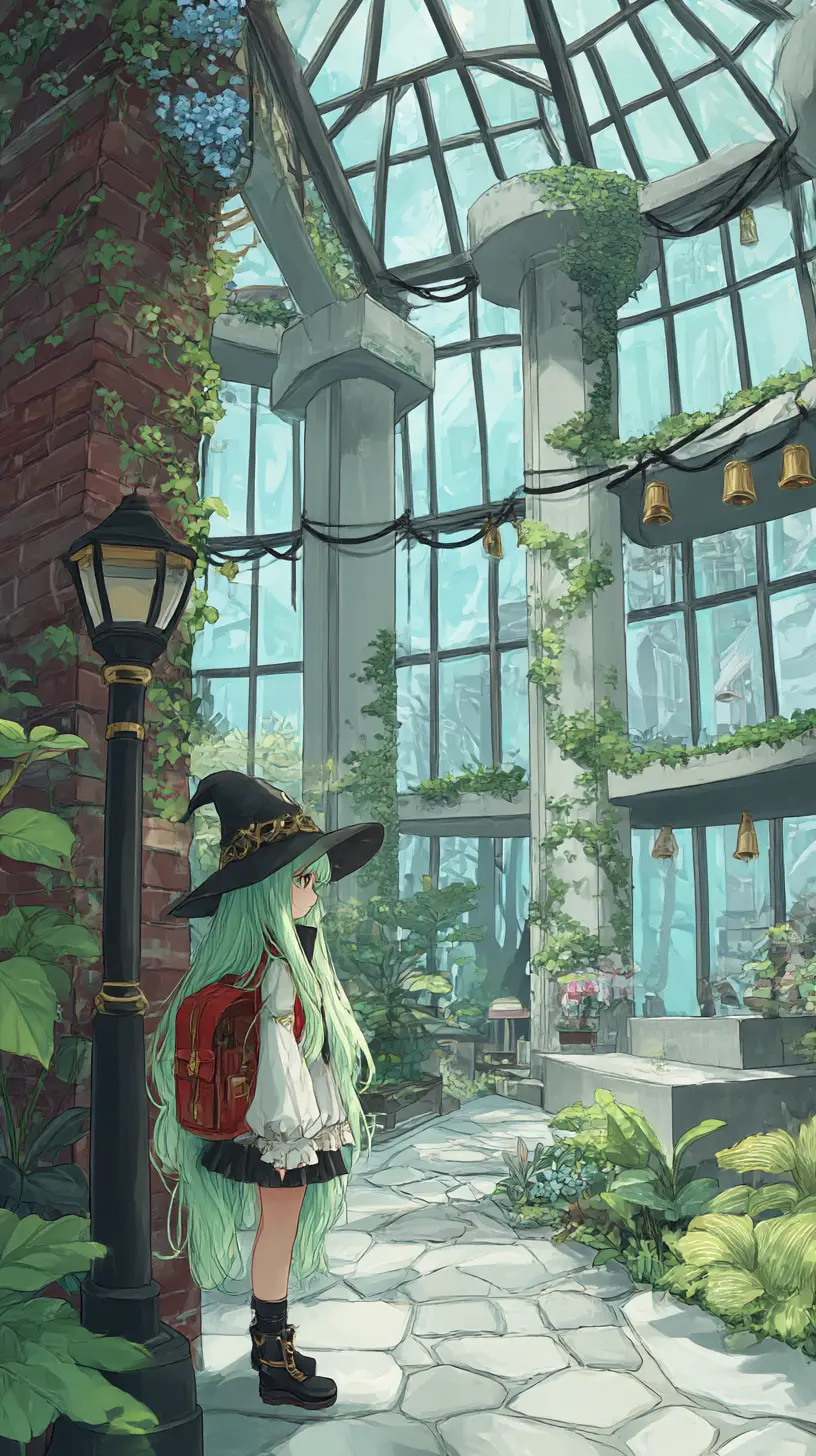 エキゾチックな植物が生い茂るアニメ風温室の小道