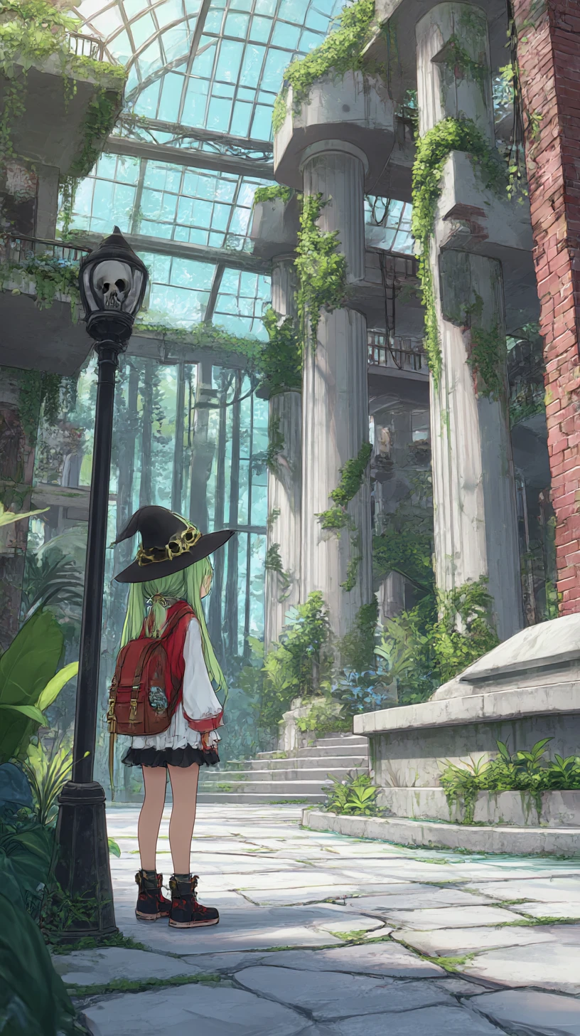 Anime girl in a lush greenhouse with exotic plants