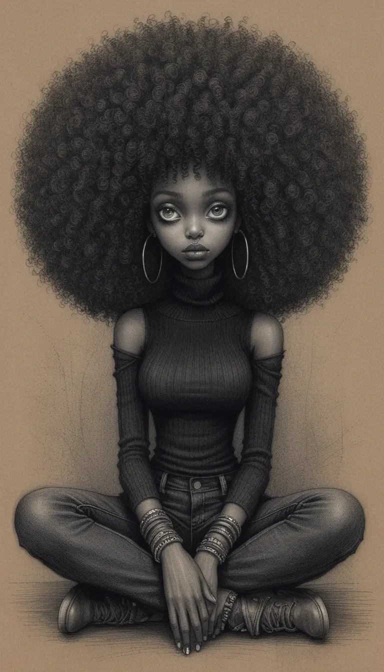 Femme noire sombre aux grands yeux blancs dans un dessin au graphite