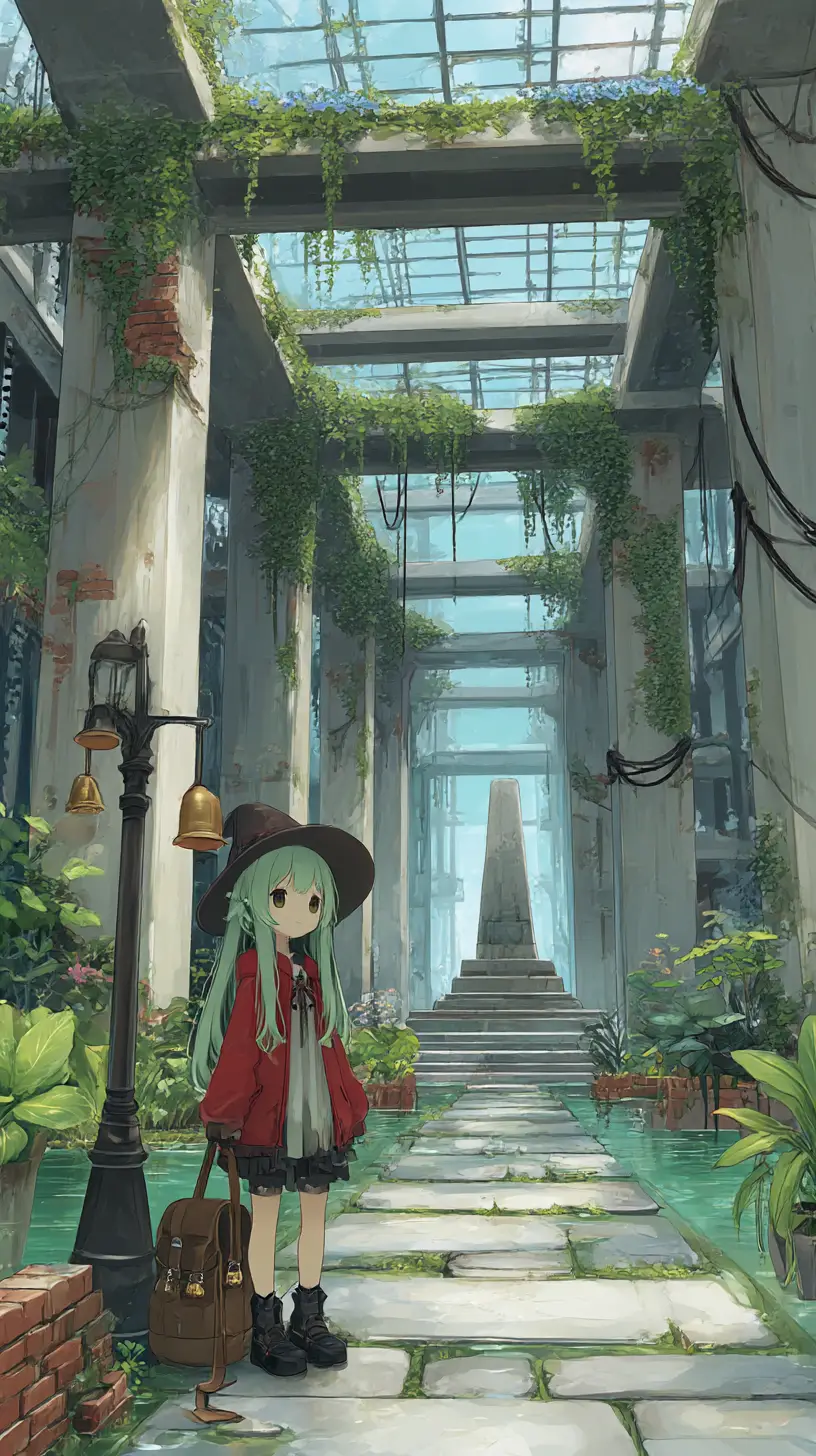 Anime greenhouse with exotic plants and concrete path