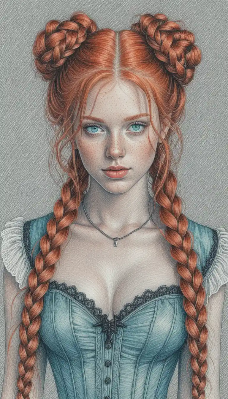 Red haired girl portrait in detailed colored pencil drawing