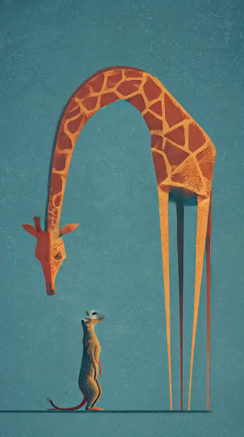 Girafa surreal minimalista encontra suricato em tons vintage