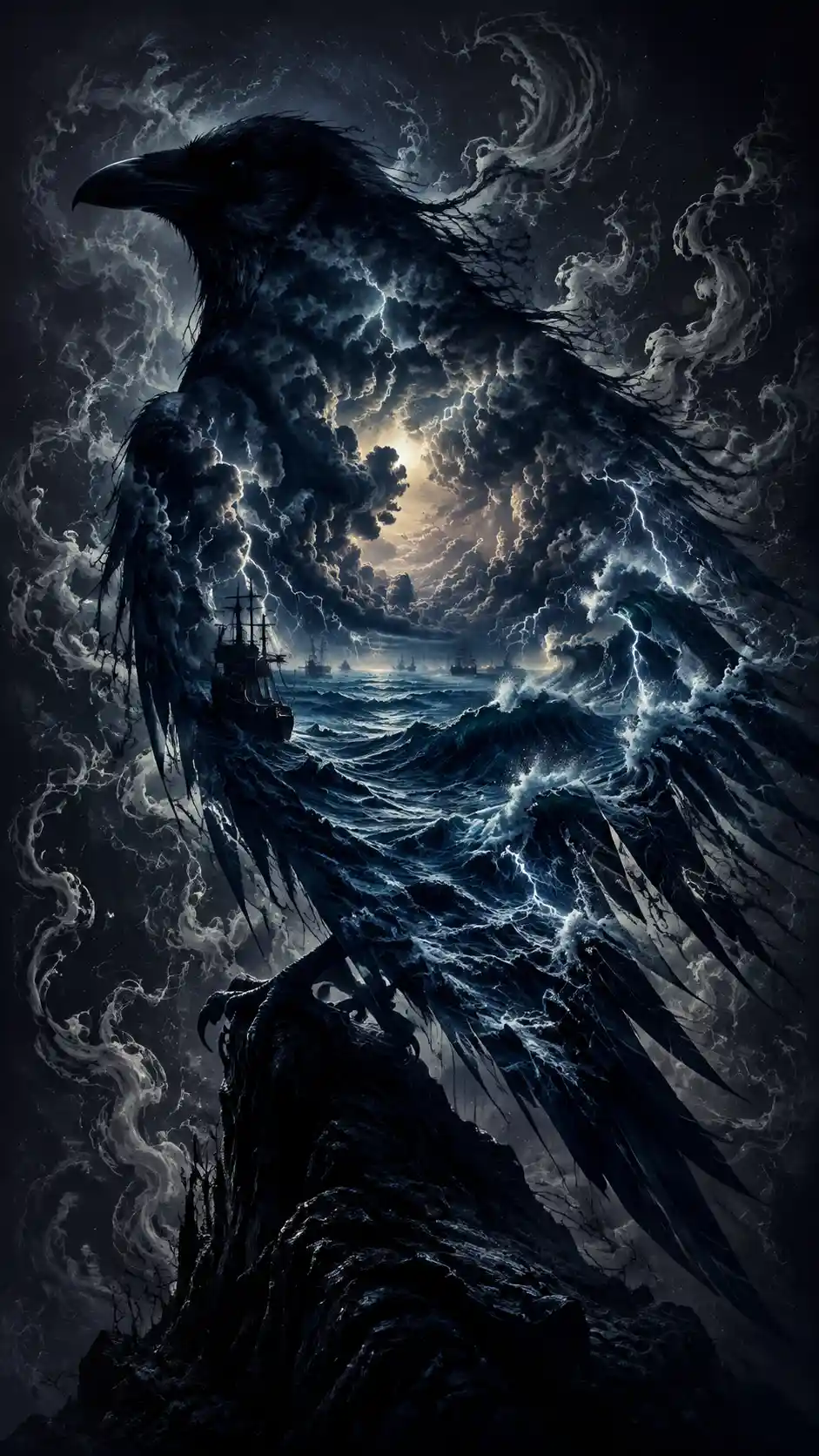 Silhueta de corvo repleta de tempestade sob um céu de fantasia sombria