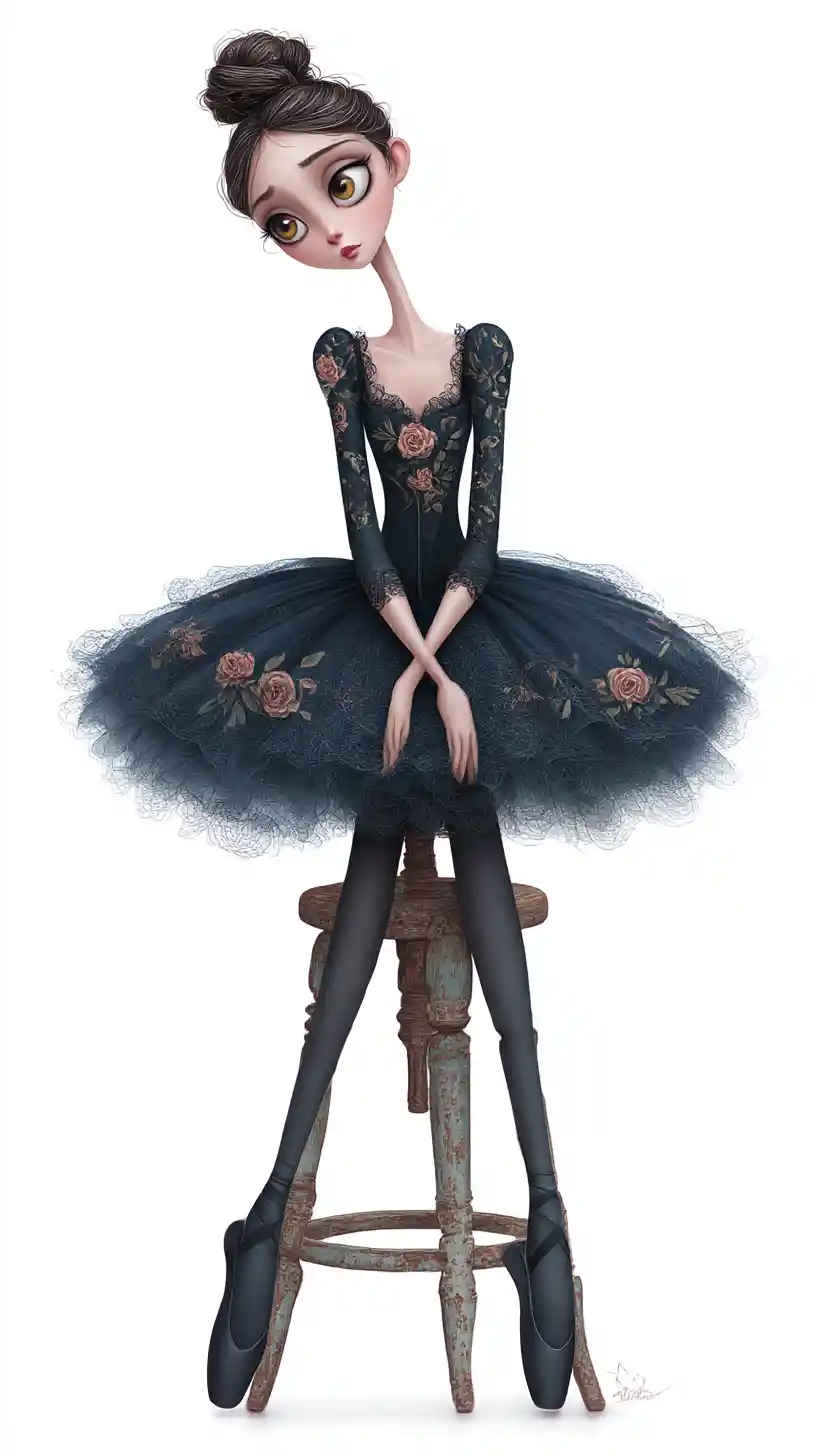 Ballerina malinconica su sgabello di legno consumato con tutù scuro