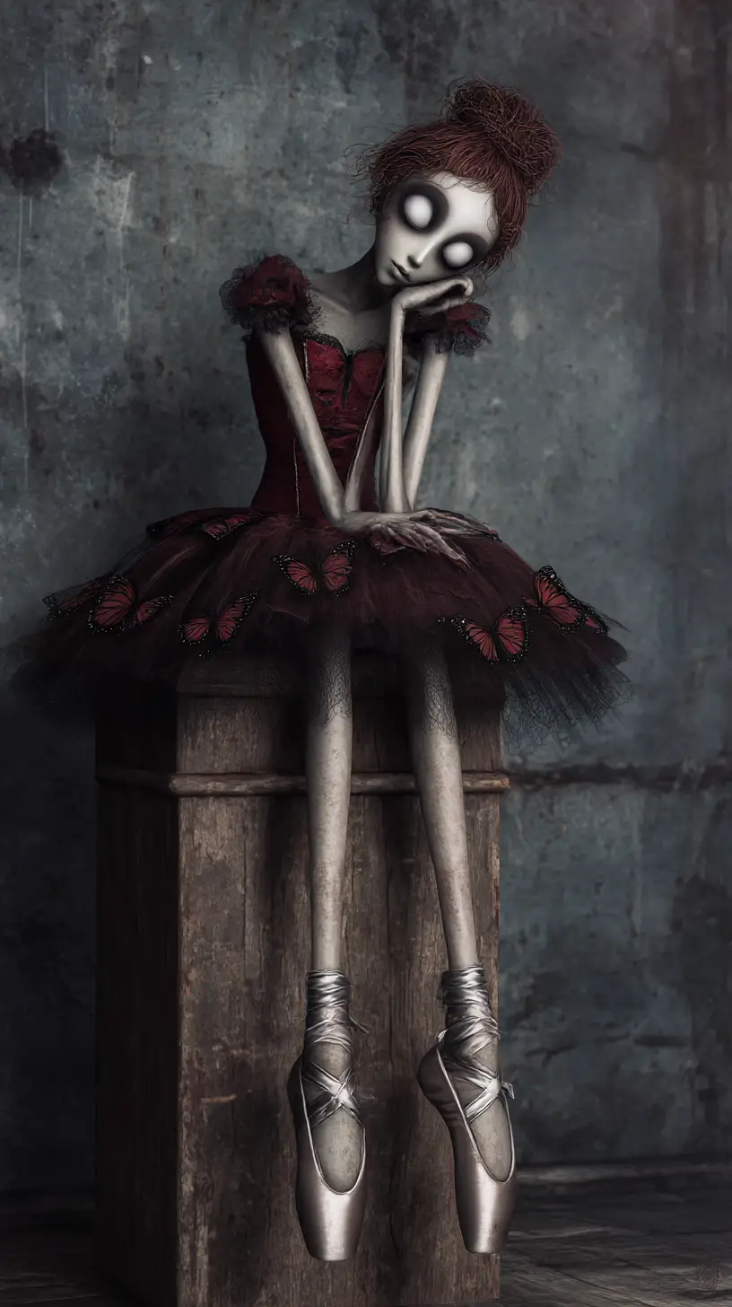 Ballerina gotica malinconica su uno sgabello di legno consumato