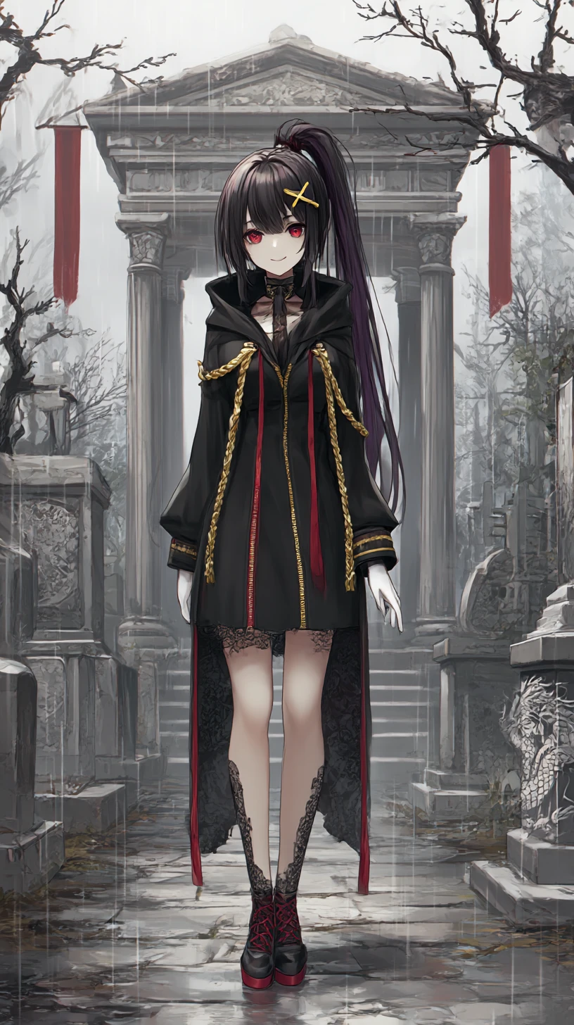 Fille d’anime sombre en tenue noire ornée avec accents rouges