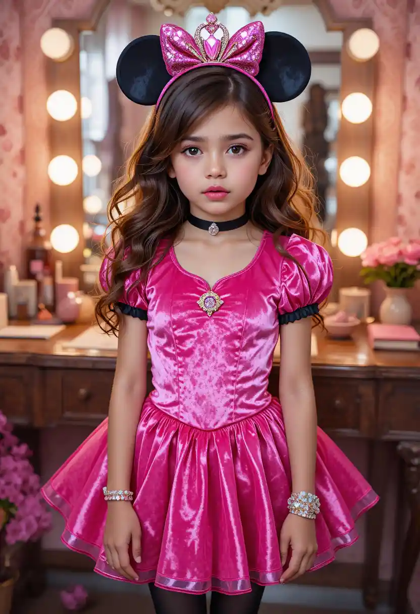 Hispanic tween boy in Minnie princess costume at vanity