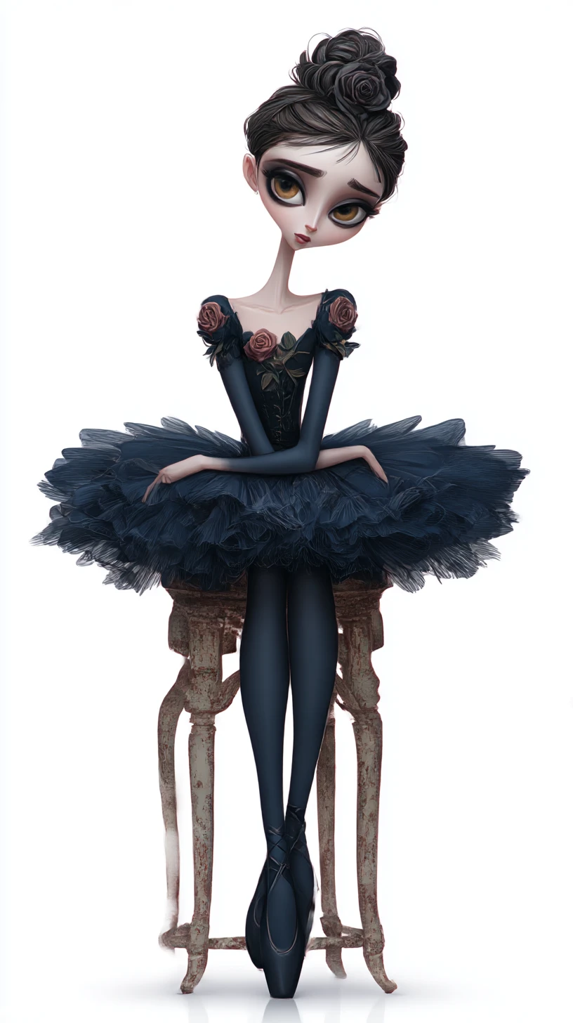 Bailarina melancólica de perfil em um banquinho de madeira gasto