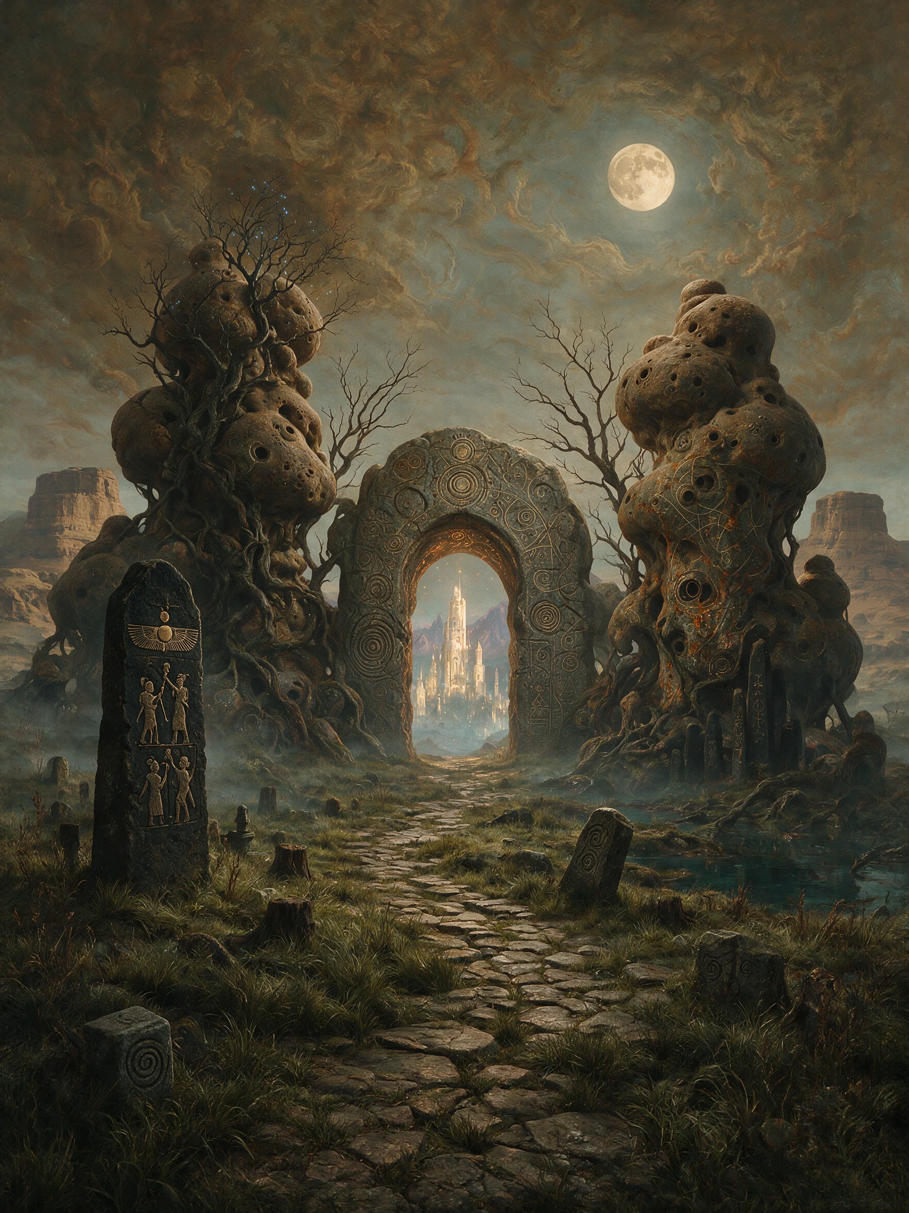 Paisagem orgânica surreal tecida com símbolos e padrões