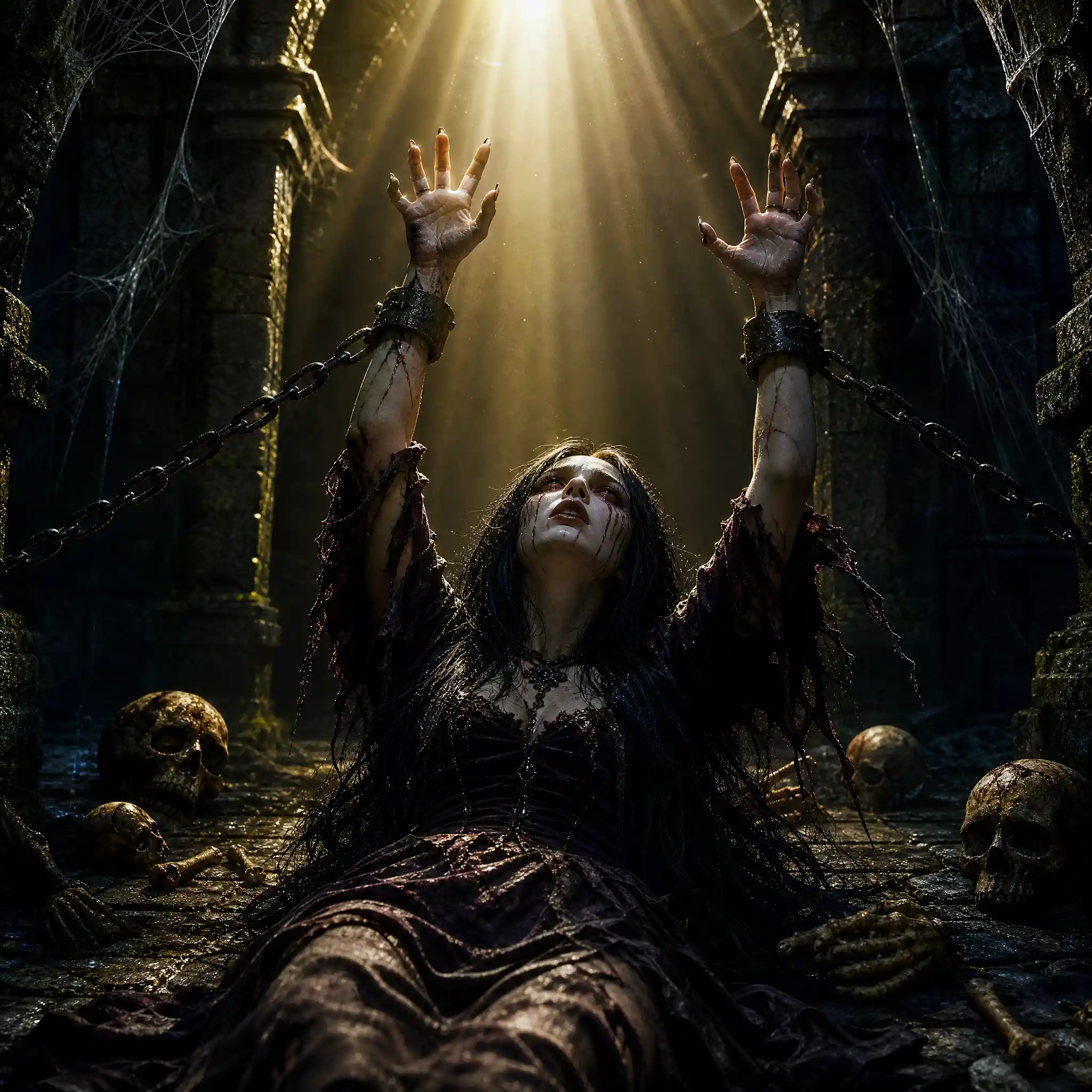 Donna gotica incatenata che tende la mano verso la luce del sole nel sotterraneo